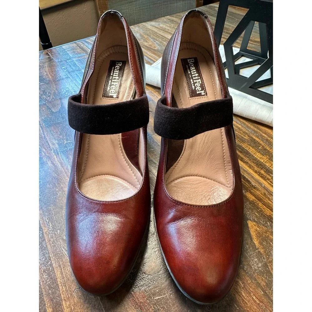BeautiFeel Two Tone Leather Mary Jane Block Heel Pump Burgundy Brown Sz 39 8/8.5